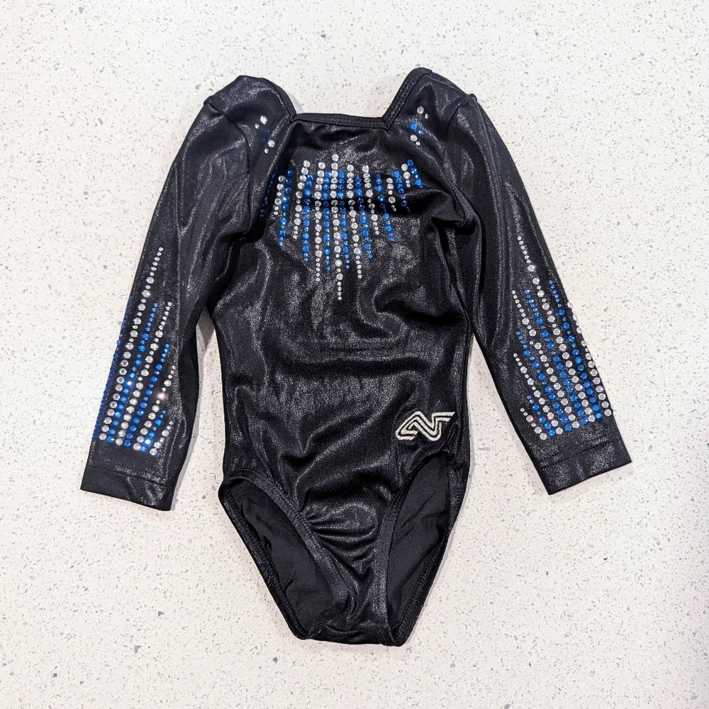 COMPETITION Alpha Gymnastics Dance Leotard CS Child Small Blue Black RHINESTONES